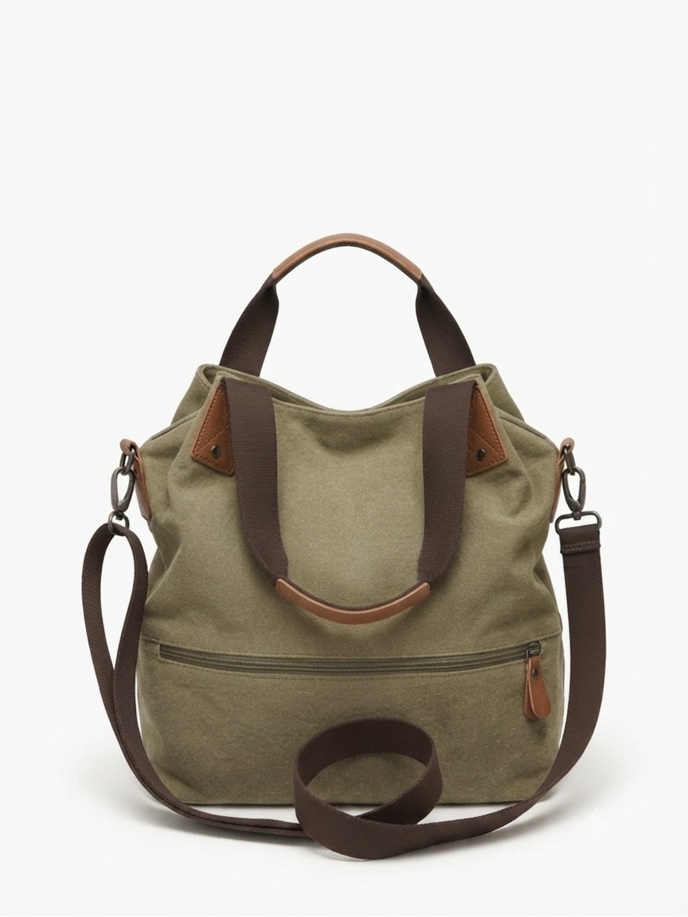 Canvas Tote Shoulder Bag in Olive Green with Brown Straps